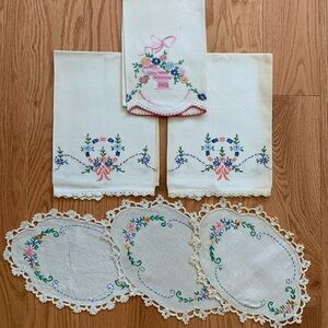 Embroidered Floral Linens Vintage Wash Stand Tea Towel Dresser Scarf Lot of 6